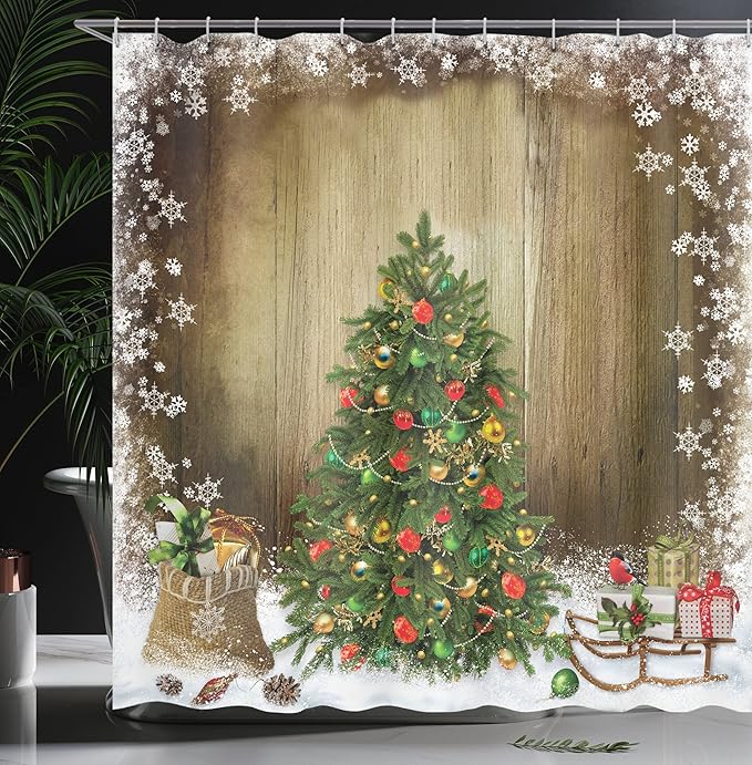 Ambesonne Christmas Shower Curtain, Pine Tree with Present Boxes on Snowy Board Xmas at Countryside Theme, Cloth Fabric Bathroom Decor Set with Hooks, 69" W x 84" L, Green White Brown