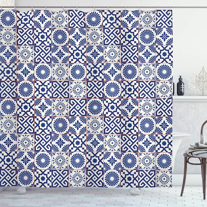 Ambesonne Moroccan Shower Curtain, Old Ottoman Style Inspired Mix of Moroccan Tiles in Modern Shades Art Print, Cloth Fabric Bathroom Decor Set with Hooks, 69" W x 84" L, Grey Blue