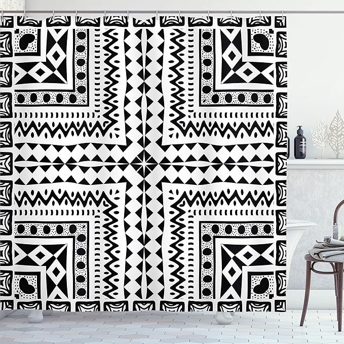 Ambesonne Tribal Shower Curtain, Geometric Pattern Vintage Dots Sketchy Lines Art Print, Cloth Fabric Bathroom Decor Set with Hooks, 69" W x 70" L, Black and Eggshell
