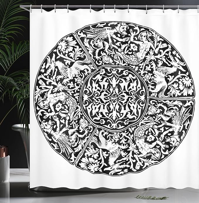 Ambesonne Gothic Shower Curtain, Renaissance Pattern Victorian Style Antique Mystical Gothic Medieval, Cloth Fabric Bathroom Decor Set with Hooks, 69" W X 70" L, Black and White