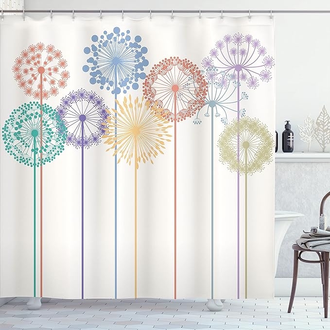 Ambesonne Floral Shower Curtain, Flower Inspired Artwork Colorful Dandelions on White Background Illustration Print, Cloth Fabric Bathroom Decor Set with Hooks, 69" W x 70" L, Dark Seafoam