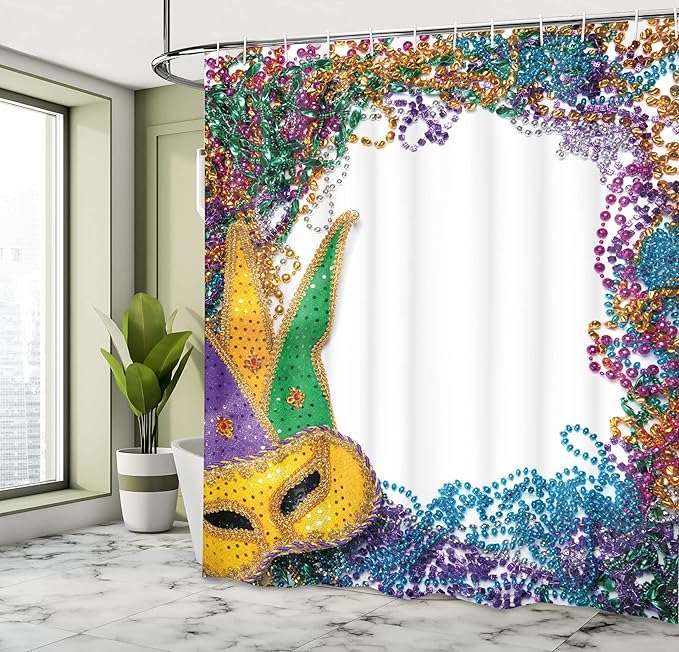Ambesonne Mardi Gras Shower Curtain, Colorful Framework Design Vibrant Beads and Fat Tuesday Holiday Theme, Cloth Fabric Bathroom Decor Set with Hooks, 69" W x 84" L, Multicolor