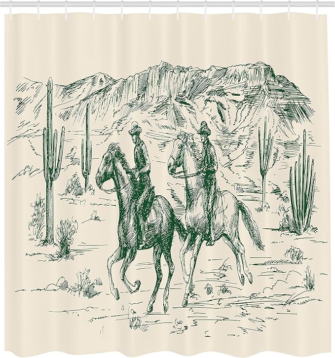 Ambesonne Western Shower Curtain, Country Theme Hand Drawn Illustration of American Wild West Desert with Cowboys, Cloth Fabric Bathroom Decor Set with Hooks, 69" W x 75" L, Jade Green
