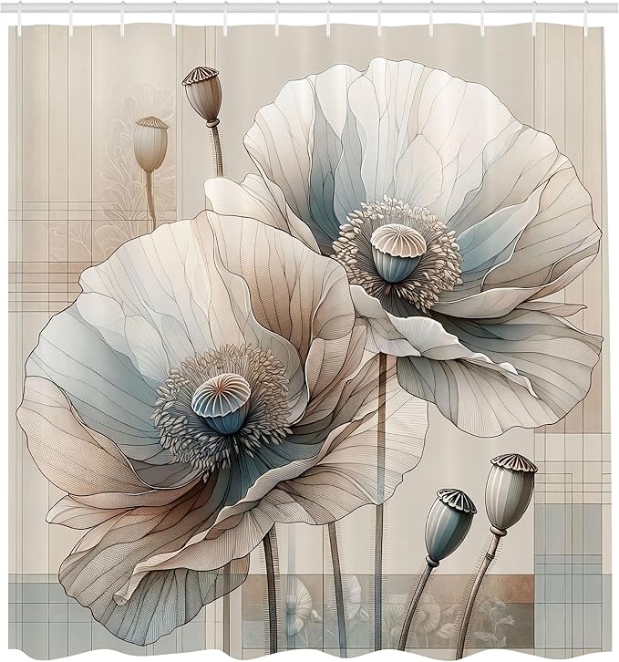 Ambesonne Neutral Shower Curtain, Vintage Soft Colored Poppy Flowers Blossoming Garden Gentle Hues Print, Cloth Fabric Bathroom Decor Set with Hooks, 69" W x 84" L, Warm Taupe and Blue