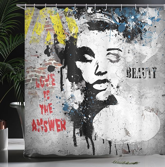Ambesonne Graffiti Shower Curtain, Modern and Grunge Wall with a Girl and Words Casual Youth Urban Fashion Print, Cloth Fabric Bathroom Decor Set with Hooks, 69" W x 75" L, Yellow Grey