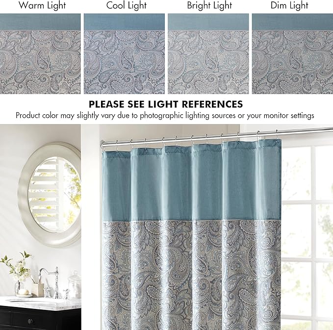 Madison Park Aubrey Shower Curtain Paisley Jacquard Pieced Microfiber Faux Silk Modern Home Bathroom Decorations Bathtub Privacy Screen, Decorative Bathroom, 72" x 72", Teal