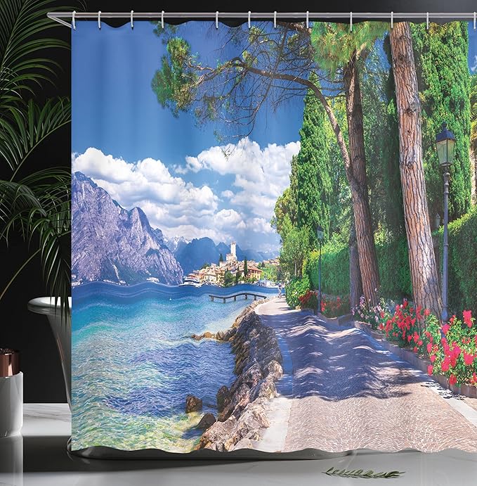 Ambesonne Landscape Shower Curtain, Scenic Lago di Garda Malcesine Italy Stone Bicycle Road with Flowers Lake, Cloth Fabric Bathroom Decor Set with Hooks, 69" W x 75" L, Green and Blue