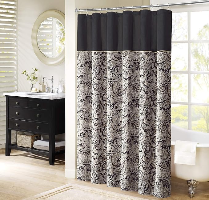 Madison Park - MP70-845 Aubrey Shower Curtain Paisley Jacquard Pieced Microfiber Faux Silk Modern Home Bathroom Decorations Bathtub Privacy Screen, 72" x 72", Black