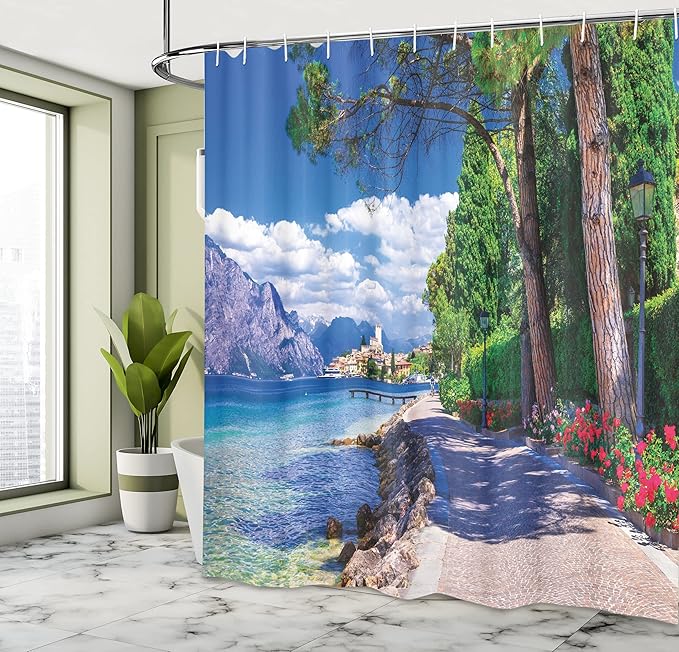 Ambesonne Landscape Shower Curtain, Scenic Lago di Garda Malcesine Italy Stone Bicycle Road with Flowers Lake, Cloth Fabric Bathroom Decor Set with Hooks, 69" W x 84" L, Green and Blue