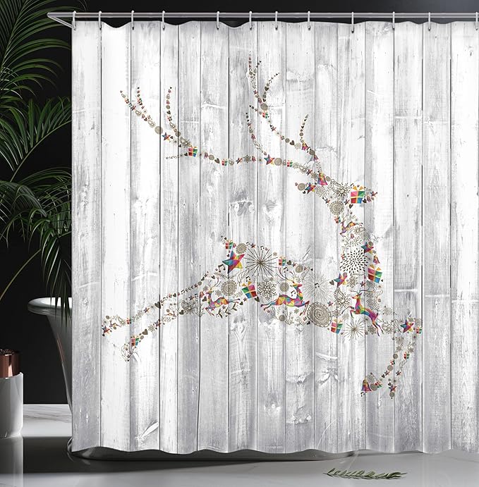 Ambesonne Deer Shower Curtain, Colorful Animal Silhouette Various Christmas Elements Wooden Planks Theme, Cloth Fabric Bathroom Decor Set with Hooks, 69" W x 75" L, Grey Multicolor