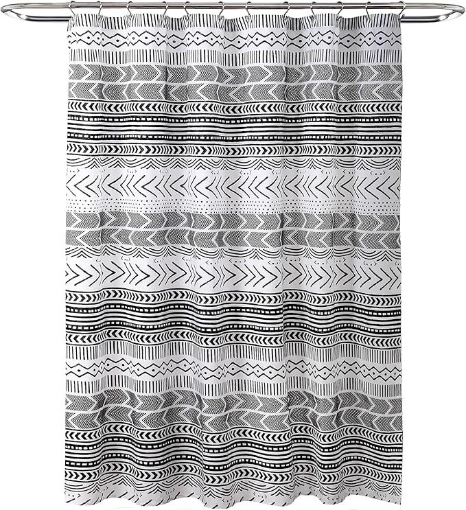 Lush Decor Hygge Geo Shower Curtain, 72" W x 72" L, Black/White - Curtain For Bathroom - Striped Bathroom Decor - Black Bath Accessories - Neutral Color Accessories - Geometric Scandinavian Print