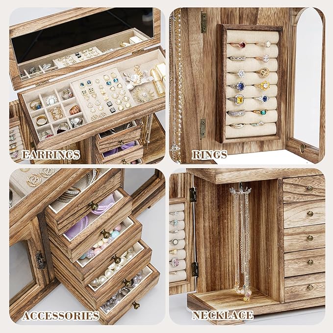 Miratino Jewelry Box for Women Girls, Rustic Wooden Jewelry Organizer Box with Mirror, 5 Layer Jewelry Storage Case Display for Necklaces Earrings Rings Bracelets Valentine's Day Gifts