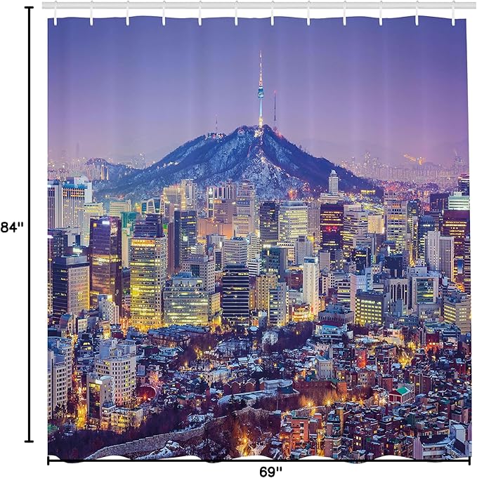 Ambesonne Modern Shower Curtain, Skyline of Seou South Korea Cityscape with Buildings Skyscrapers Urban View at Night, Cloth Fabric Bathroom Decor Set with Hooks, 69" W x 84" L, Indigo