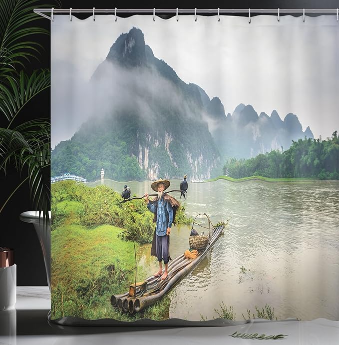 Ambesonne Landscape Shower Curtain, Traditional Chinese Fisherman with Birds and Basket on River Fog Mountains Trees, Cloth Fabric Bathroom Decor Set with Hooks, 69" W x 75" L, Slate Blue