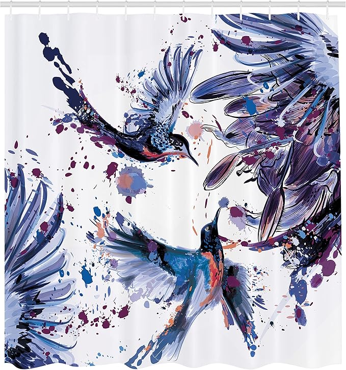 Ambesonne Hummingbird Shower Curtain, Art Lily Flowers Birds and Color Splashes in Watercolor Painting Style, Cloth Fabric Bathroom Decor Set with Hooks, 69" W x 70" L, Lavender Blue