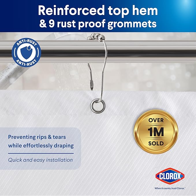 Clorox 2-in-1 Bathroom Shower Curtain Liner, Durable Fabric, Weighted Magnets for Bath Water Control, Washable Premium Quality, Extra Long Stall 78" x 54" White