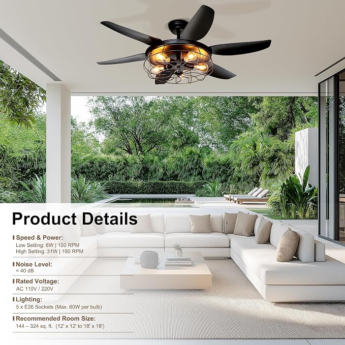Ohniyou 52'' Rustic Farmhouse Ceiling Fan with Lights and Remote | Caged Light Fixture, E26 Bulbs Socket, Industrial Covered Outdoor Fans for Patio, Living Room, Dining Room, Bedroom, Black