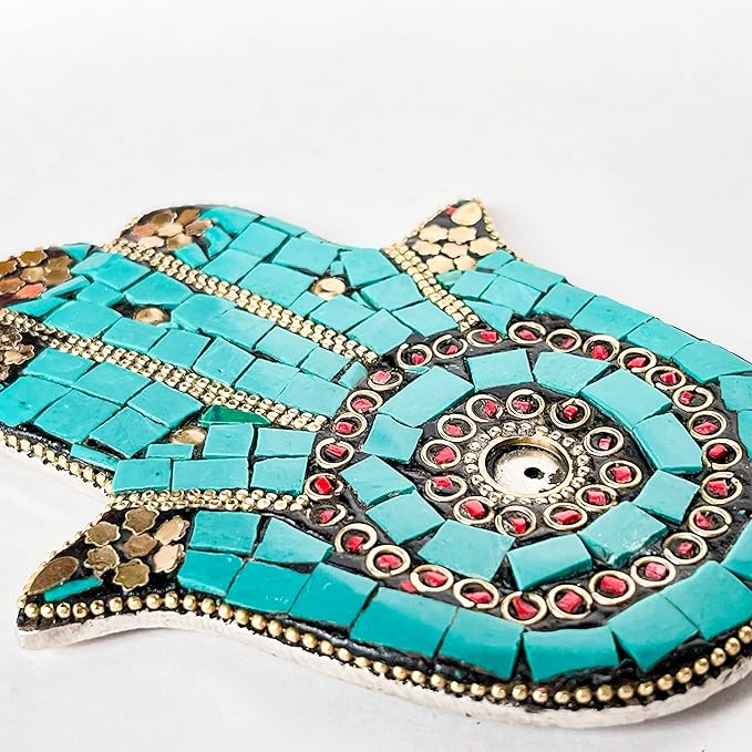 Turquoise - Hamsa Hand Incense Holder - Mosaic Stones