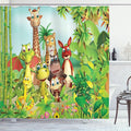 Ambesonne Cartoon Shower Curtain, Animals Giraffe Tiger Snake Dinosaur Hippo Monkey in Jungle Theme, Cloth Fabric Bathroom Decor Set with Hooks, 69" W x 75" L, Green