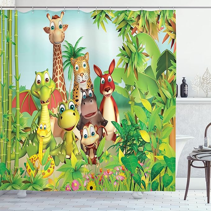 Ambesonne Cartoon Shower Curtain, Animals Giraffe Tiger Snake Dinosaur Hippo Monkey in Jungle Theme, Cloth Fabric Bathroom Decor Set with Hooks, 69" W x 70" L, Green