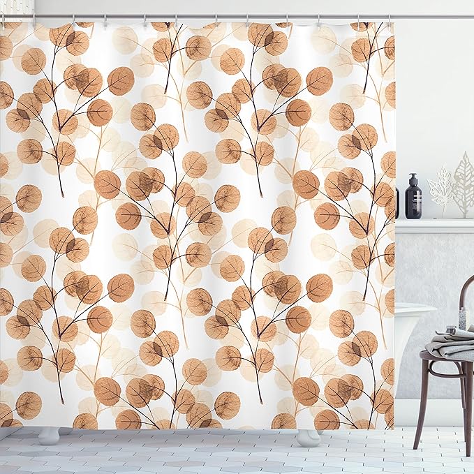 Ambesonne Nature Shower Curtain, Soft Colored Bay Leaf Watercolor Branches Growth Essence Image Print, Cloth Fabric Bathroom Decor Set with Hooks, 69" W x 75" L, Dark Peach