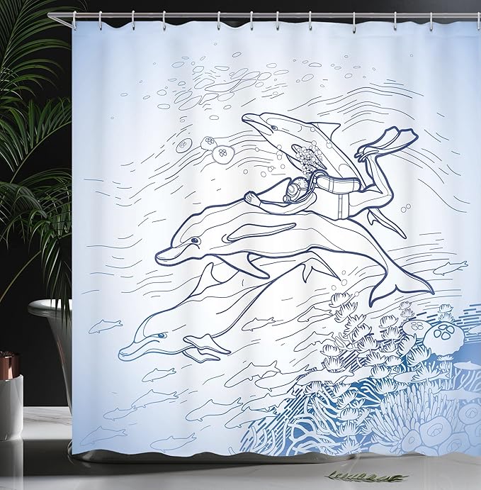 Ambesonne Sea Animals Shower Curtain, Sketch of Scuba Diver Holding Fin of Dolphin Over Coral Reefs Fish Underwater, Cloth Fabric Bathroom Decor Set with Hooks, 69" W x 70" L, Blue Navy