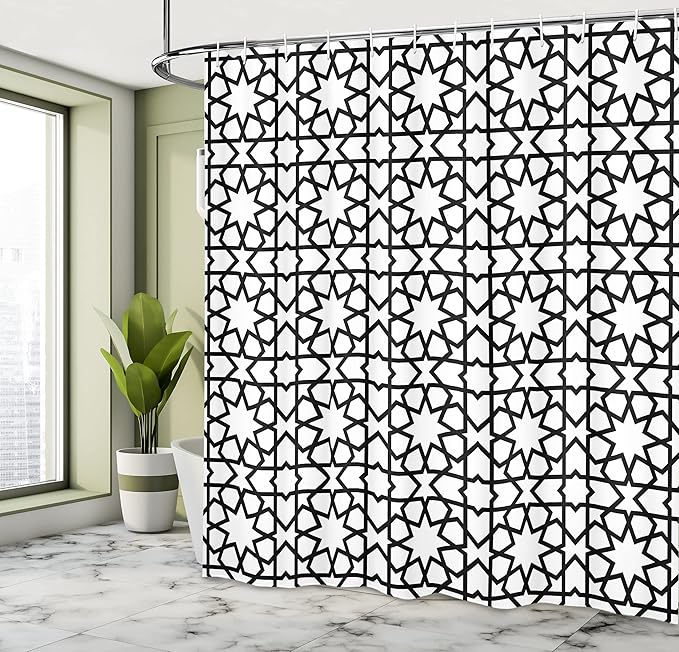 Ambesonne Moroccan Shower Curtain, Moroccan Style Mosaic Ornament with Geometric Patterns Classic Print, Cloth Fabric Bathroom Decor Set with Hooks, 69" W x 84" L, Black White