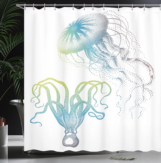 Ambesonne Octopus Shower Curtain, Octopus and Jellyfish Illustration Nautical Themed Art Underwater Wildlife Marine, Cloth Fabric Bathroom Decor Set with Hooks, 69" W x 70" L, Blue Eggshell