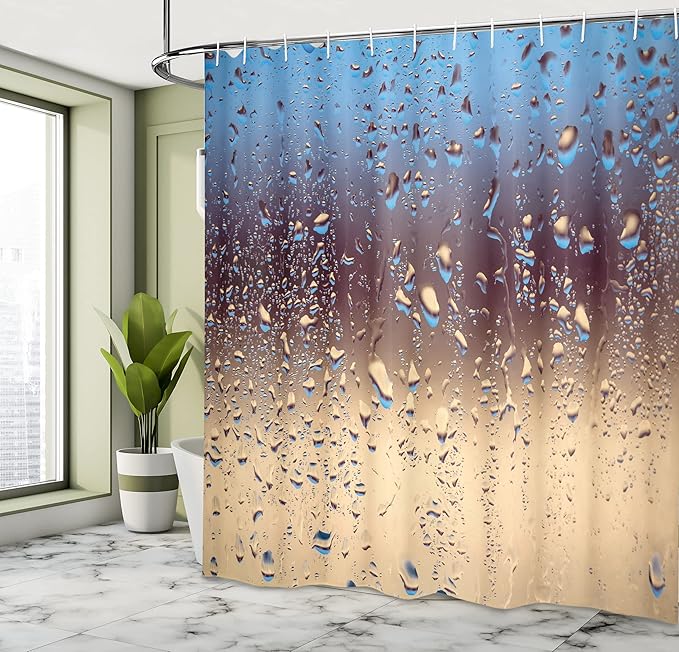 Ambesonne Rain Shower Curtain, Close up Rain Drops on Glass Natural Sprays Sphere Contrasting Colors Picture, Cloth Fabric Bathroom Decor Set with Hooks, 69" W x 70" L, Blue Tan Brown
