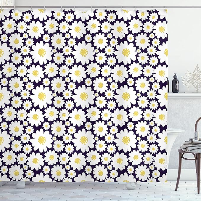 Ambesonne Floral Shower Curtain, Pastel Cartoon Like Flowers Daisies Spring Time Season Artwork Print, Cloth Fabric Bathroom Decor Set with Hooks, 69" W x 70" L, Dark Purple