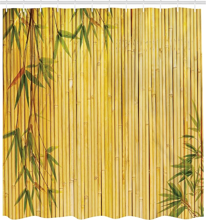 Ambesonne Asian Themed Shower Curtain, Yellow Colored Woodland Background Tree Branches Exotic Scene Peaceful Art, Cloth Fabric Bathroom Decor Set with Hooks, 69" W x 75" L, Fern Green