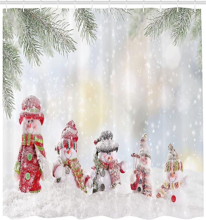 Ambesonne Christmas Shower Curtain, Depiction with Snowman and Falling Snow Ice Frozen Blizzard Themed Art Print, Cloth Fabric Bathroom Decor Set with Hooks, 69" W x 75" L, Red and White
