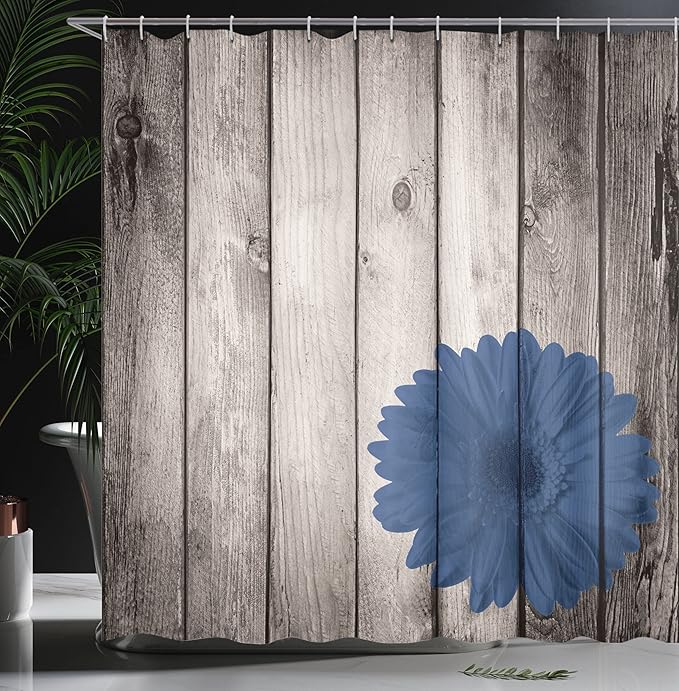 Ambesonne Rustic Shower Curtain, Flower Red Dahlia on Foreground of Murky Featured Dated Wooden Board Retro Art Print, Cloth Fabric Bathroom Decor Set with Hooks, 69" W x 84" L, Royal Blue