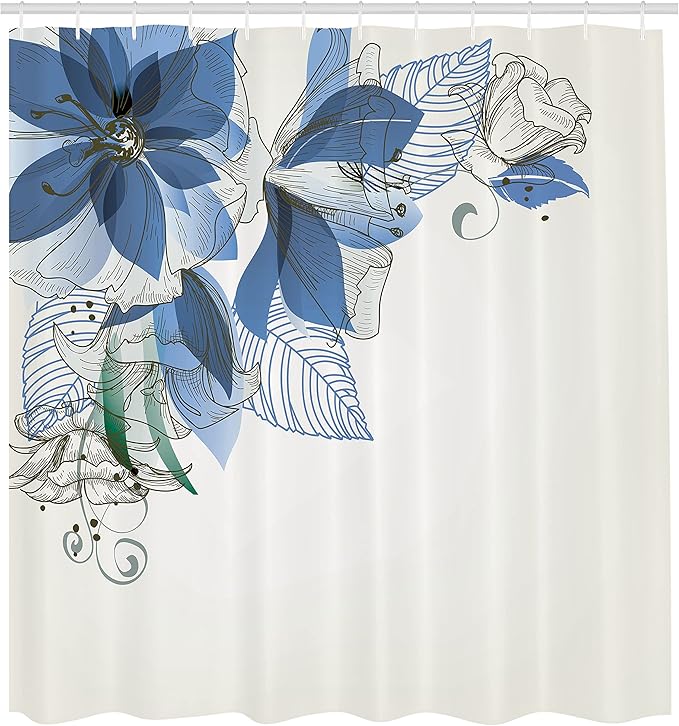 Ambesonne Flowers Shower Curtain, Buds Leaf at The top Left Corner Season Celebrating Theme Illustration, Cloth Fabric Bathroom Decor Set with Hooks, 69" W x 70" L, Azure Blue White