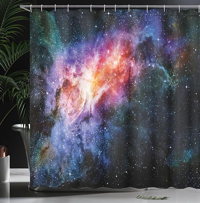 Ambesonne Outer Space Shower Curtain, Deep in Starry Outer Space Nebula and Galaxy in The Universe Celestial Print, Cloth Fabric Bathroom Decor Set with Hooks, 69" W x 75" L, Orange Purple
