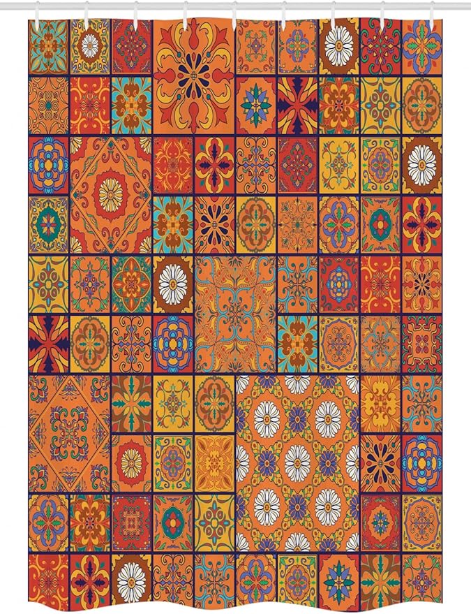 Ambesonne Moroccan Stall Shower Curtain, Group of Moroccan Geometric Patterns Floral Ornamental Patchwork Print, Fabric Bathroom Decor Set with Hooks, 54" W x 78" L, Marigold Orange