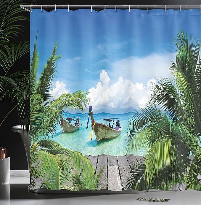 Ambesonne Tropical Shower Curtain, Beach and Tropical Sea Wooden Deck Floating Boats Sunshine Idyllic Daytime, Cloth Fabric Bathroom Decor Set with Hooks, 69" W x 70" L, Green Gray