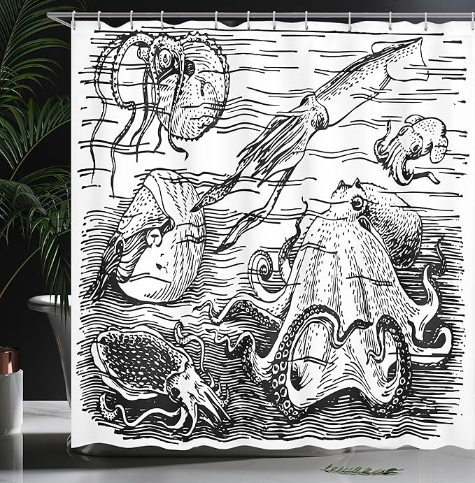 Ambesonne Octopus Shower Curtain, Marine Wildlife Print Animals with Tentacles Octopus Squid Shrimp Ocean Nature, Cloth Fabric Bathroom Decor Set with Hooks, 69" W x 70" L, Black White
