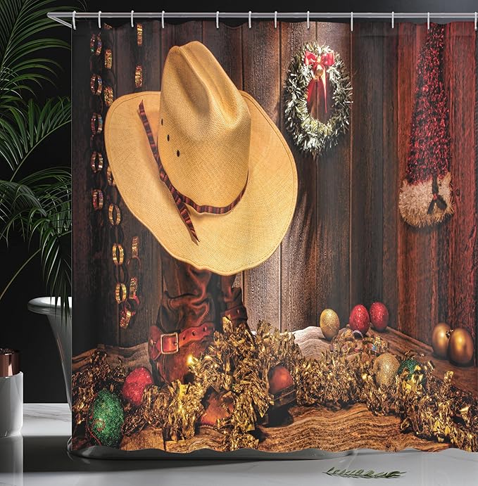 Ambesonne Western Shower Curtain, Farmhouse with Christmas Celebrations with Wreath Americana Style Image Print, Cloth Fabric Bathroom Decor Set with Hooks, 69" W x 75" L, Brown Cream