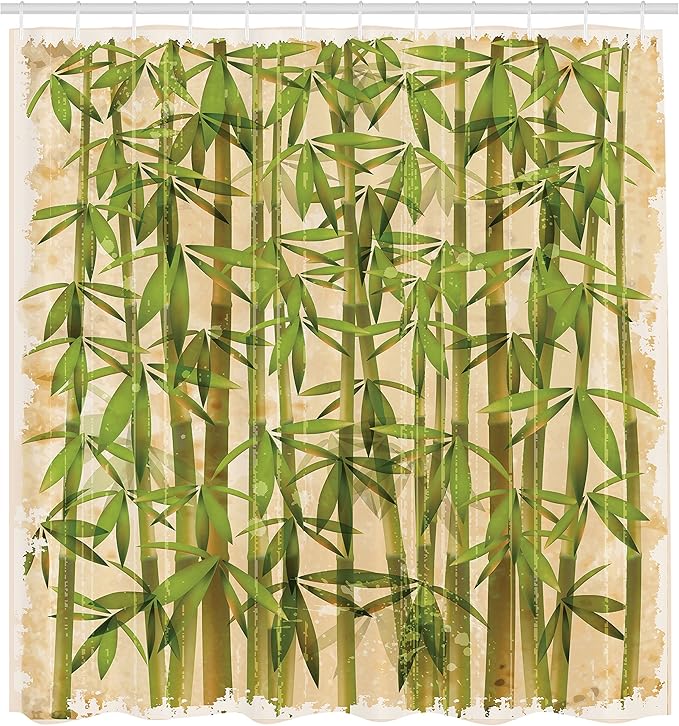 Ambesonne Asian Themed Shower Curtain, Modern Illustration Japanese Woodland Reeds on a Vintage Background Art, Cloth Fabric Bathroom Decor Set with Hooks, 69" W x 75" L, Cream and Green