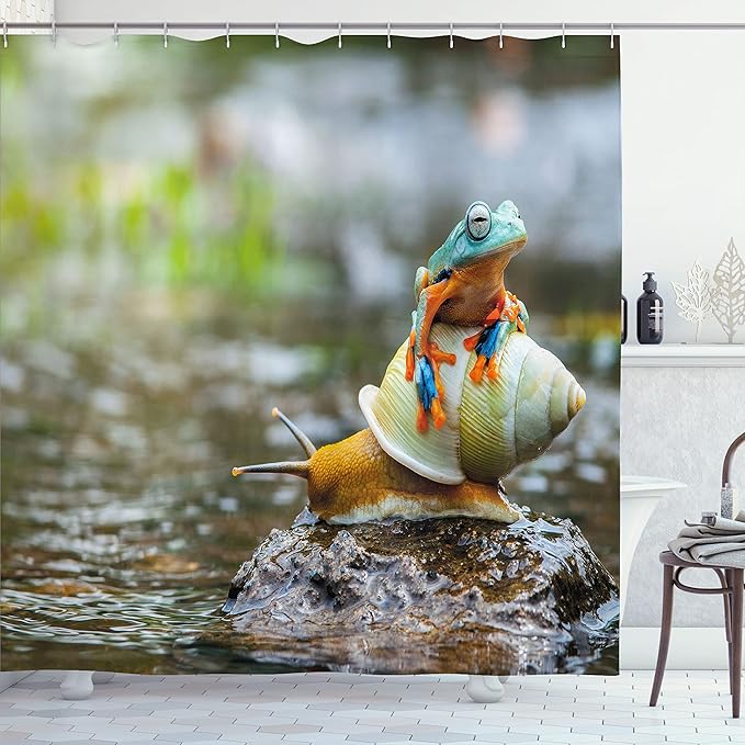 Ambesonne Funny Shower Curtain, Colorful Frog Above The Snail Riverscape Water Rock Mollusks Amphibian Animals, Cloth Fabric Bathroom Decor Set with Hooks, 69" W x 70" L, Multicolor Earth Yellow
