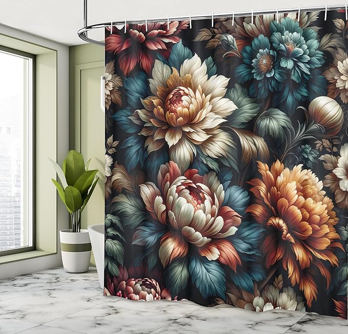 Ambesonne Floral Shower Curtain, Vintage Colorful Blooms and Dahlia Petals Look Closeup Illustration Art, Cloth Fabric Bathroom Decor Set with Hooks, 69" W x 75" L, Teal Coral and Sea Blue