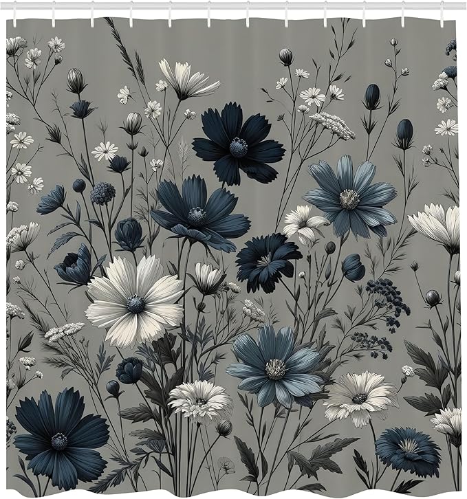 Ambesonne Navy Blue Shower Curtain, Spring Night Cottagecore Vintage Style Floral Arrange Wildflowers, Cloth Fabric Bathroom Decor Set with Hooks, 69" W x 70" L, Coconut Dark Petrol Blue