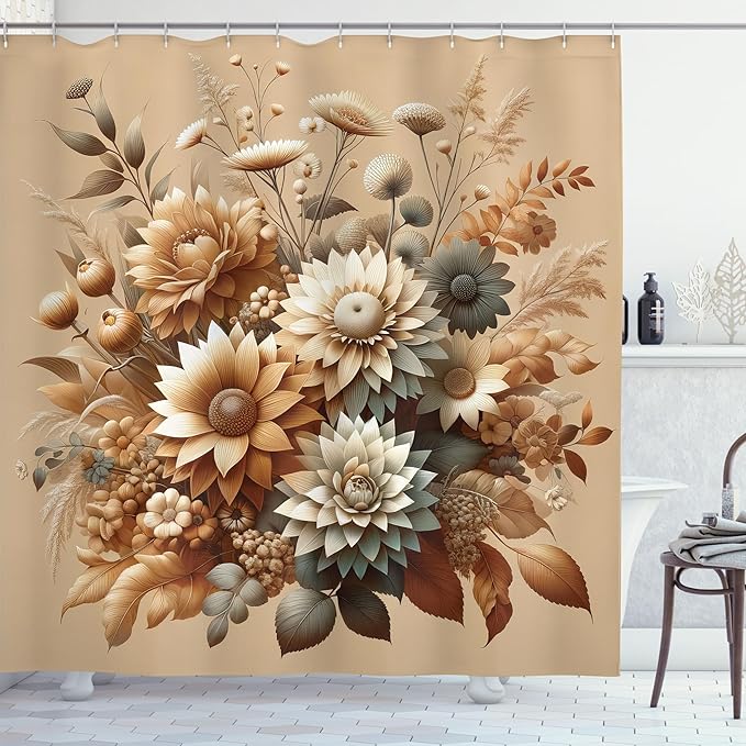 Ambesonne Tan Shower Curtain, Modern Autumn Tones Blooming Peony Flower Huddle with Leaves Earthy Romance, Cloth Fabric Bathroom Decor Set with Hooks, 69" W x 75" L, Almond Dark Sea Green