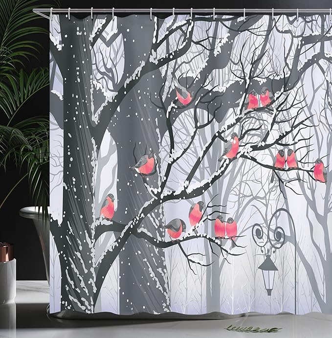 Ambesonne Winter Shower Curtain, Bullfinches on Trees Winter City Park Snow Cold Weather Immigrant Birds Design, Cloth Fabric Bathroom Decor Set with Hooks, 69" W x 70" L, Black Grey