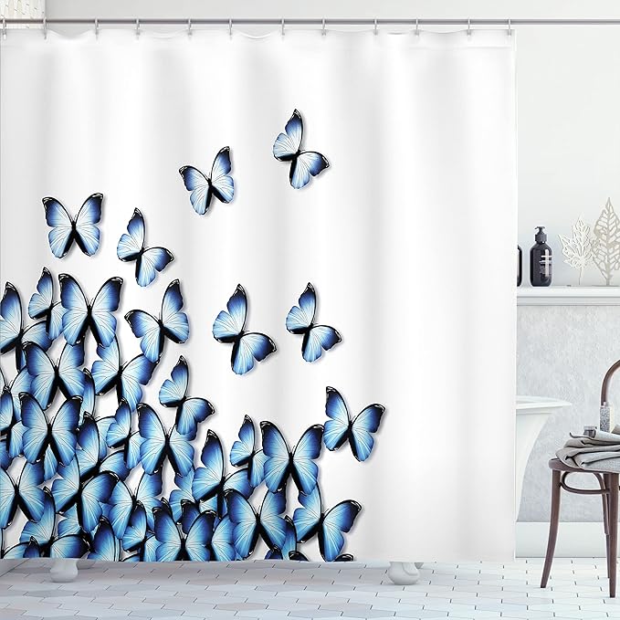 Ambesonne Butterflies Shower Curtain, Butterflies Bottom Left Corner Flying Tropic Vibrant Color Monarch Wings, Cloth Fabric Bathroom Decor Set with Hooks, 69" W x 84" L, Black Ivory
