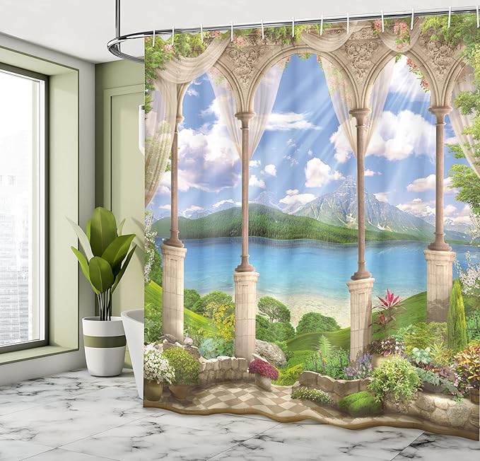 Ambesonne Italian Shower Curtain, Old Stone Arch View The Sea Balcony Fresco Garden Plants Art, Cloth Fabric Bathroom Decor Set with Hooks, 69" W x 70" L, Green