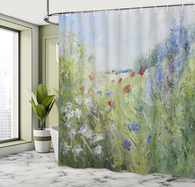 Ambesonne Flower Shower Curtain, Summer Terrace Gate with Colorful Flowers in a Garden House in Greece Image, Cloth Fabric Bathroom Decor Set with Hooks, 69" W x 84" L, Green White
