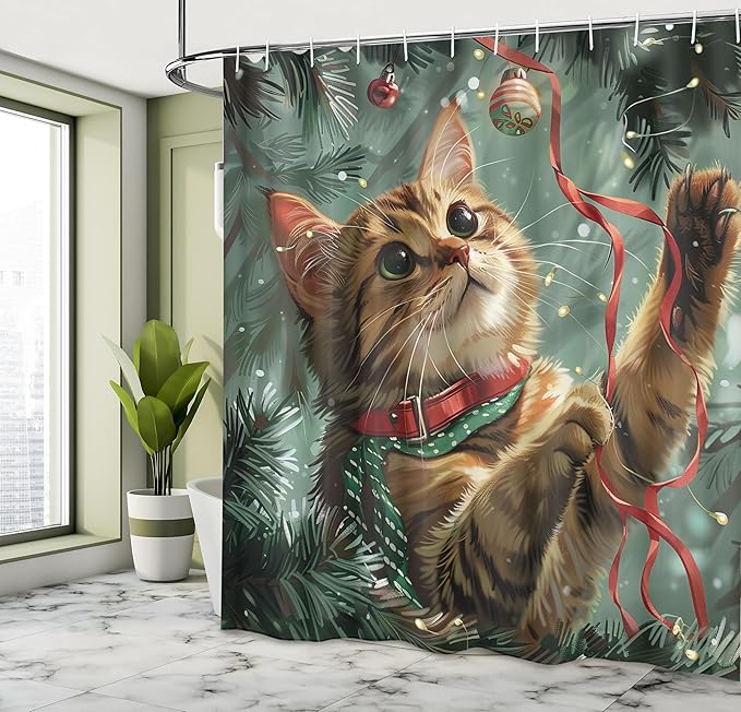 Ambesonne Christmas Shower Curtain, Vintage Vibe Whimsical Kitten Playing with Xmas Trees Lace Ornate, Cloth Fabric Bathroom Decor Set with Hooks, 69" W x 84" L, Hunter Green and Vermilion