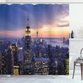 Ambesonne Modern Shower Curtain, New York City Skyline with Skyscrapers at Sunset Night American Urban Life Image, Cloth Fabric Bathroom Decor Set with Hooks, 69" W x 70" L, Orange Blue